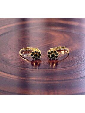 Vintage Pat Pending Locking Back Gold,Black Stones Floral Earrings